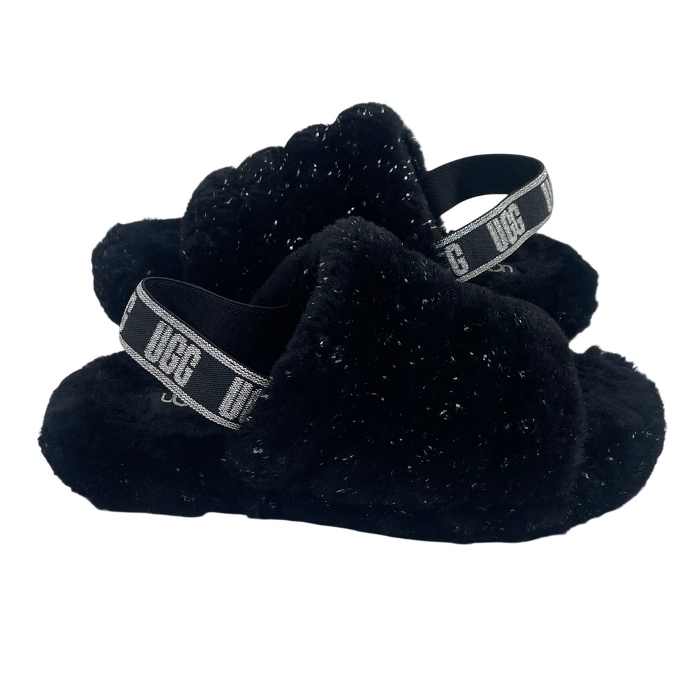 UGG Fluff Yeah Metallic Sparkle Black Slippers Slides Big‎ Kids Size 5 Womens 7
